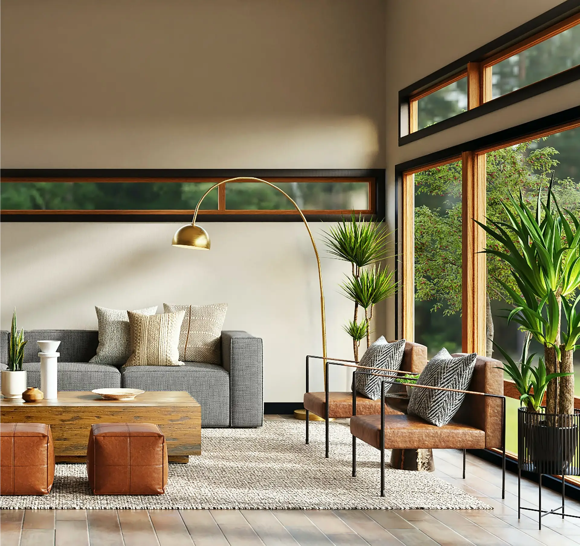 Warm contemporary living room with natural light